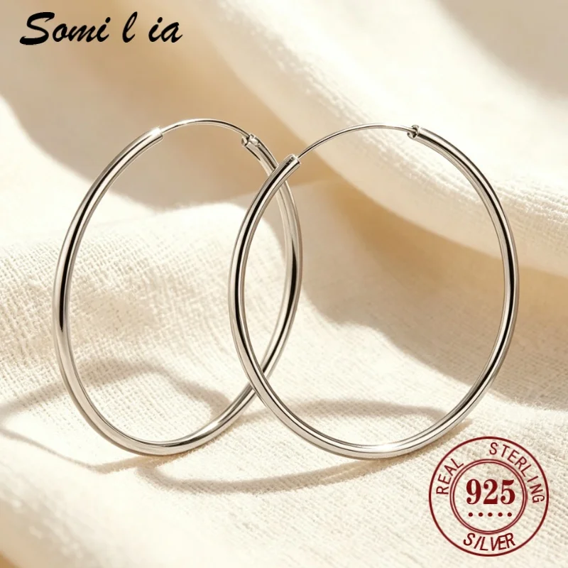 SOMILIA 925 Sterling Silver Advanced Large Circle Hoops Earrings For Women Wedding Classic Simplicity Accessories Trend Jeweller