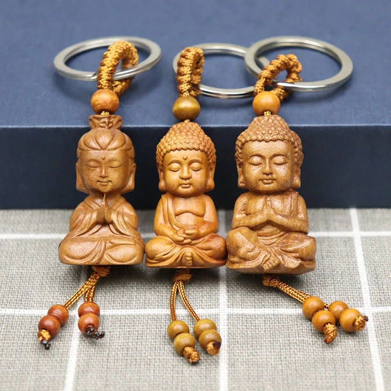 Peach Wood Buddha Shakyamuni Key Chain Guanyin Bodhisattva Wooden Keychain Tathagata Buddhist Monk Tourist Keyring Pendant Gift