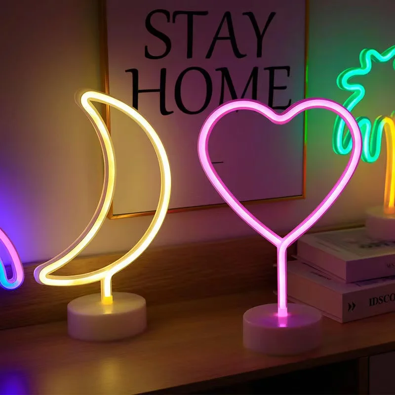 Neon Sign LED Rainbow shaped Neon Light Battery/USB Powered Colorful Neon Lamp with Holder Base Star Flamingo Nightlight Deco