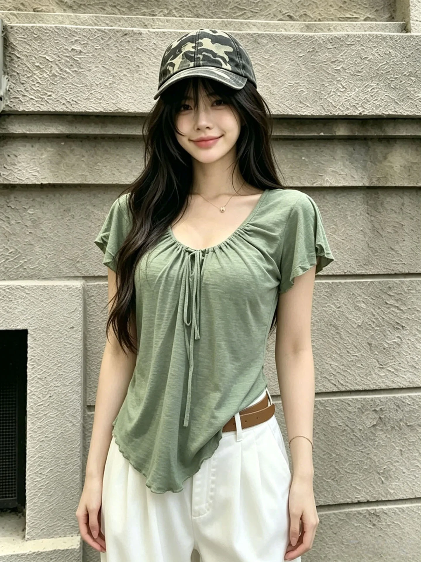Loose V-Neck Short Sleeve T-Shirt Women's Summer 2026 New Style Korean Style Green Top Loose Fit Bumbye Style Ribbon Design