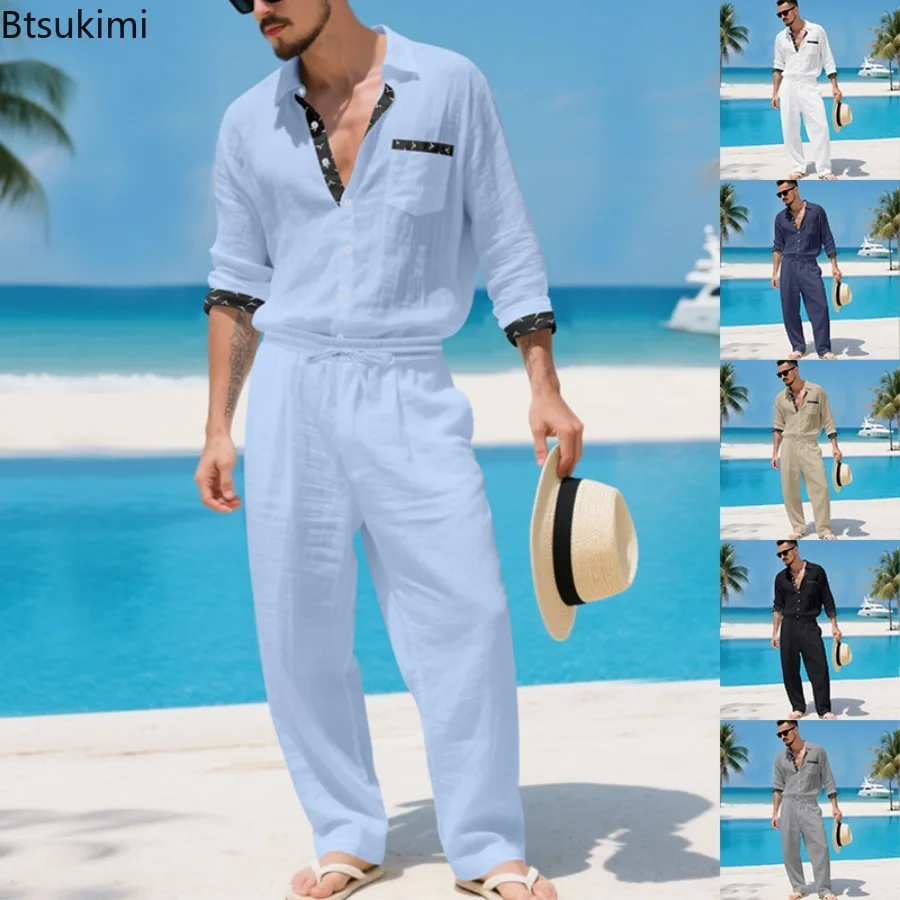 

2026 Men's Linen Blend Hawaiian Shirt & Pants 2-Piece Set Long Sleeve Resort Wear Vintage Style Summer Casual Comfortable Suit