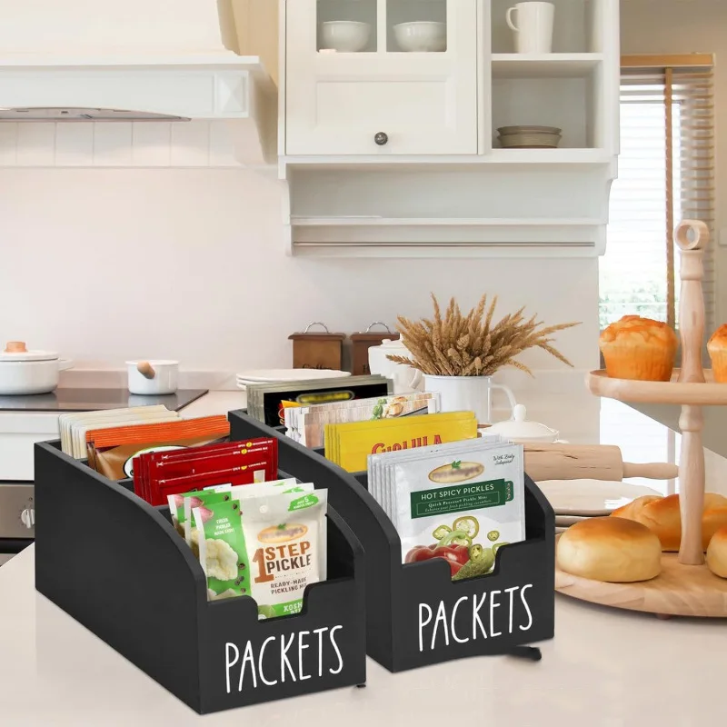 Caja de almacenamiento para especias de cocina, estante de especias de madera con 4 compartimentos, organizador de bolsas de alimentos para encimera de cocina y despensa