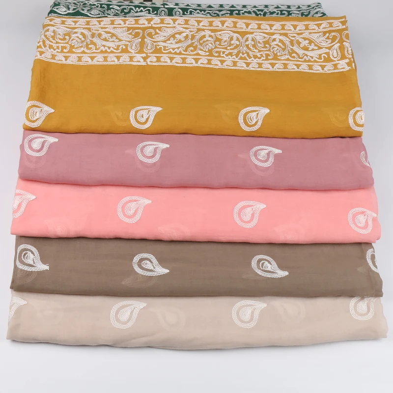 Cashew Floral Embroidered Cotton Linen Hijab Scarf Muslim Women Plain Color Paisley Long Wraps Ladies Viscose Soft Turban Shawls