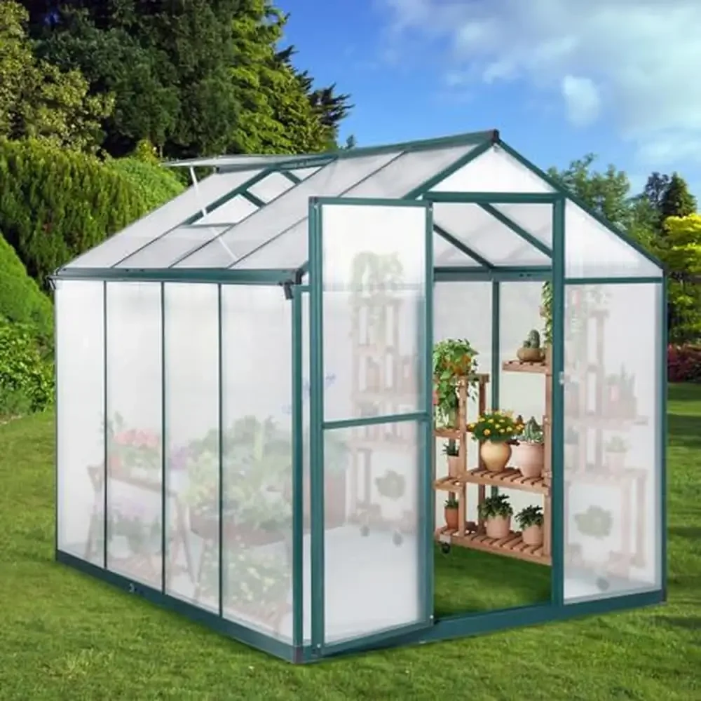 Greenhouse 6x8FT Polycarbonate Ventilation Walk-in Aluminum Frame Outdoor Garden Snow Load Capacity 15psf Wind Rating 56mph