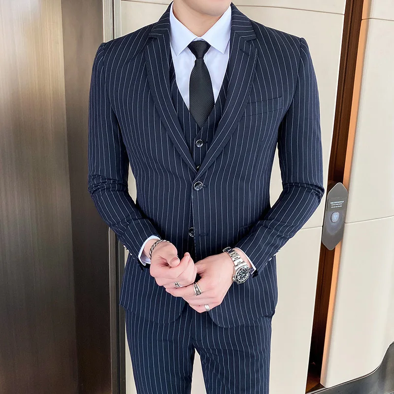 

KIDWHXR Men Suit Outfit British Style Striped Slim Business Casual Male Suits Single-breasted Long Sleeve Man Three-piece Sets