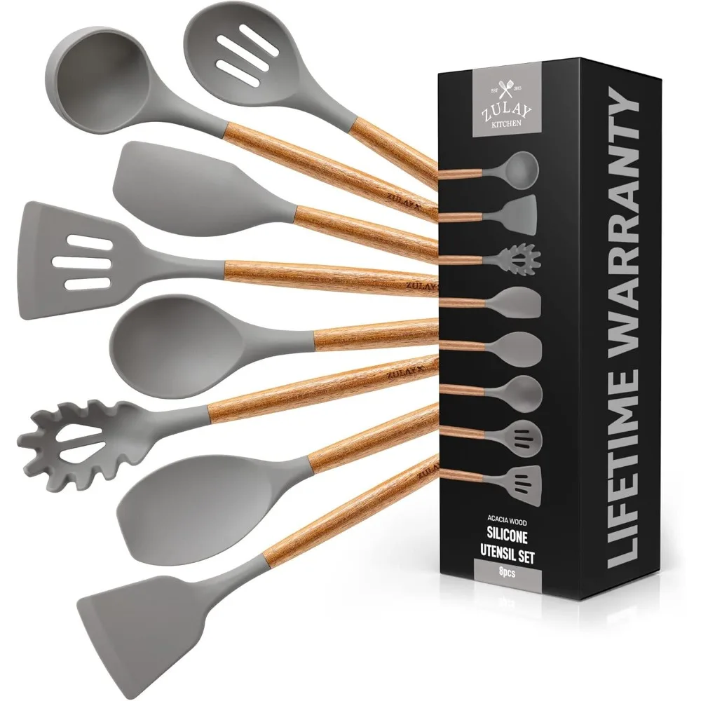 

utensils set non-stick silicone cooking utensils set with authentic acacia wood handles - 8 piece set - silicone kitchen utensi