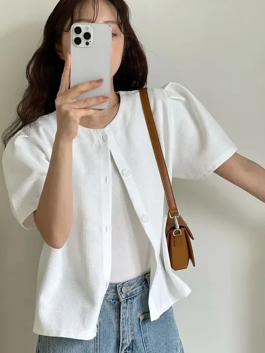 

Summer Versatile ort Sve Jaet Women's Chic round Ne Single Button Boucle Sle Sweet ort Coat Trendy Commute Sle