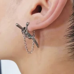 1pc Stainless Steel Sword Punk Earrings, Dangle Samurai Sword Earrings Long Chain Earrings For Men Lobe PIercing
