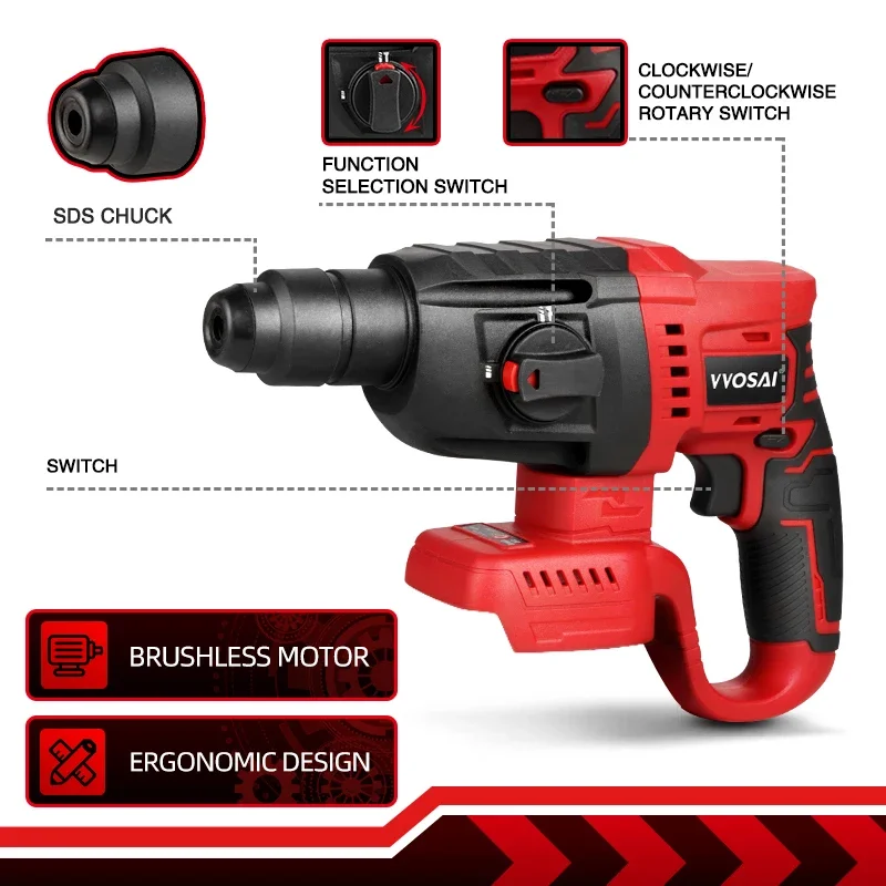 VVOSAI MT-SER 20V Electric Hammer Drill Brushless Multifunctional Rotary Electric Pick Cordless Power Tools