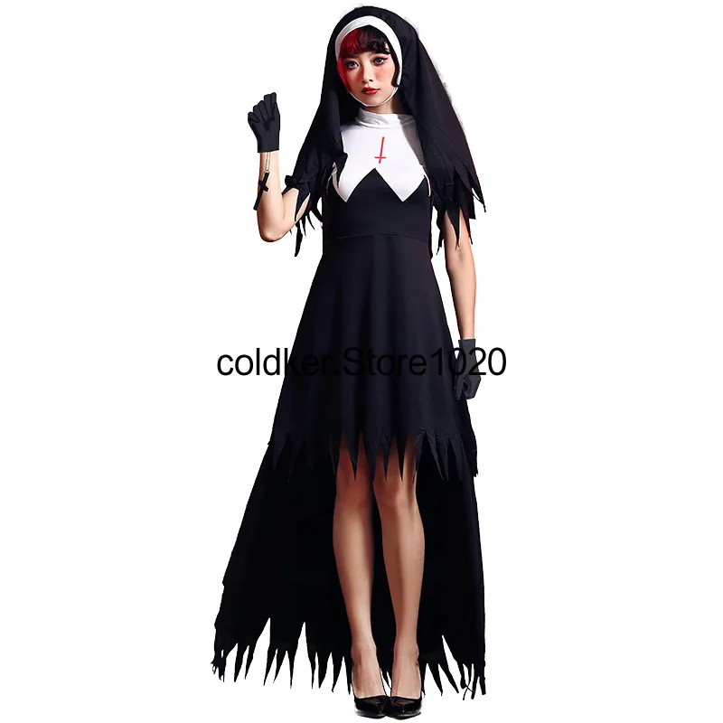 S-XXL Women's Halloween Religious Nun Costume Zombie Devil Cosplay Costume Adult Sexy Irregular Anti Cross Long Dress For Women