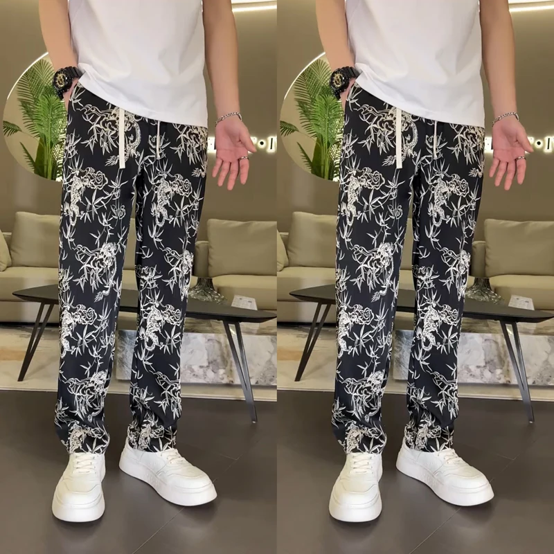 

ACMEOSTUDO2025 Летние тонкие брюки из ледяного шелка с принтом, широкие, свободные, прямые, прохладные, мужские повседневные длинные брюки