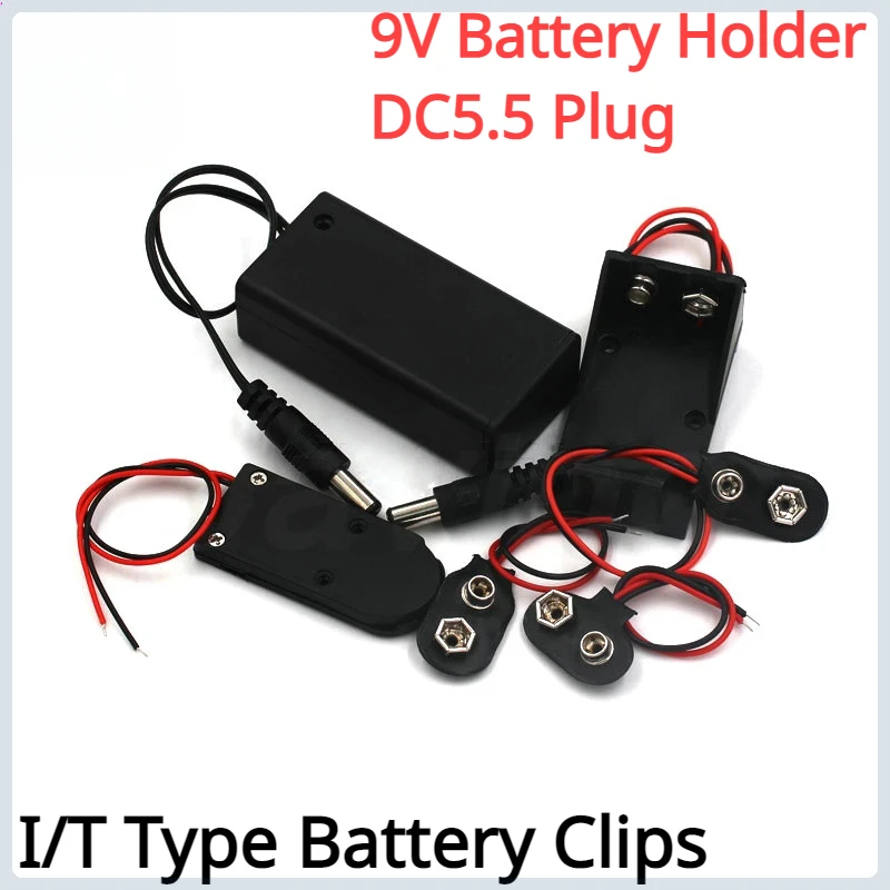 1pcs 9 volt Box Pack Power Toggle Black 9V Battery Holder I/T Type Battery Clips Connector Buckle with ON/OFF Switch,DC5.5 Plug