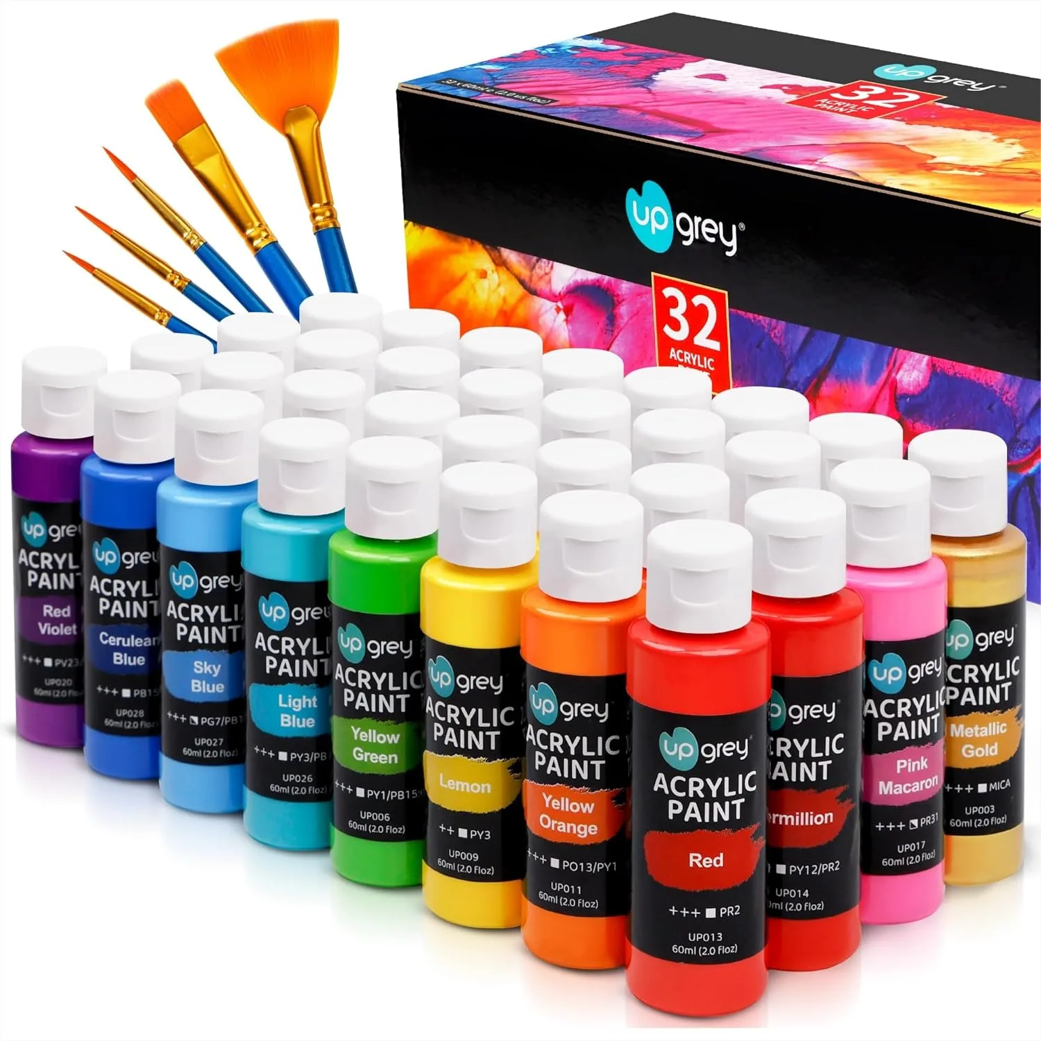 

32 Colors Acrylic Paint Set with 5 Brushes, 2fl Oz/60mL Each, Metallic Art Paints for Canvas Wood Stone Ceramic Model Painting