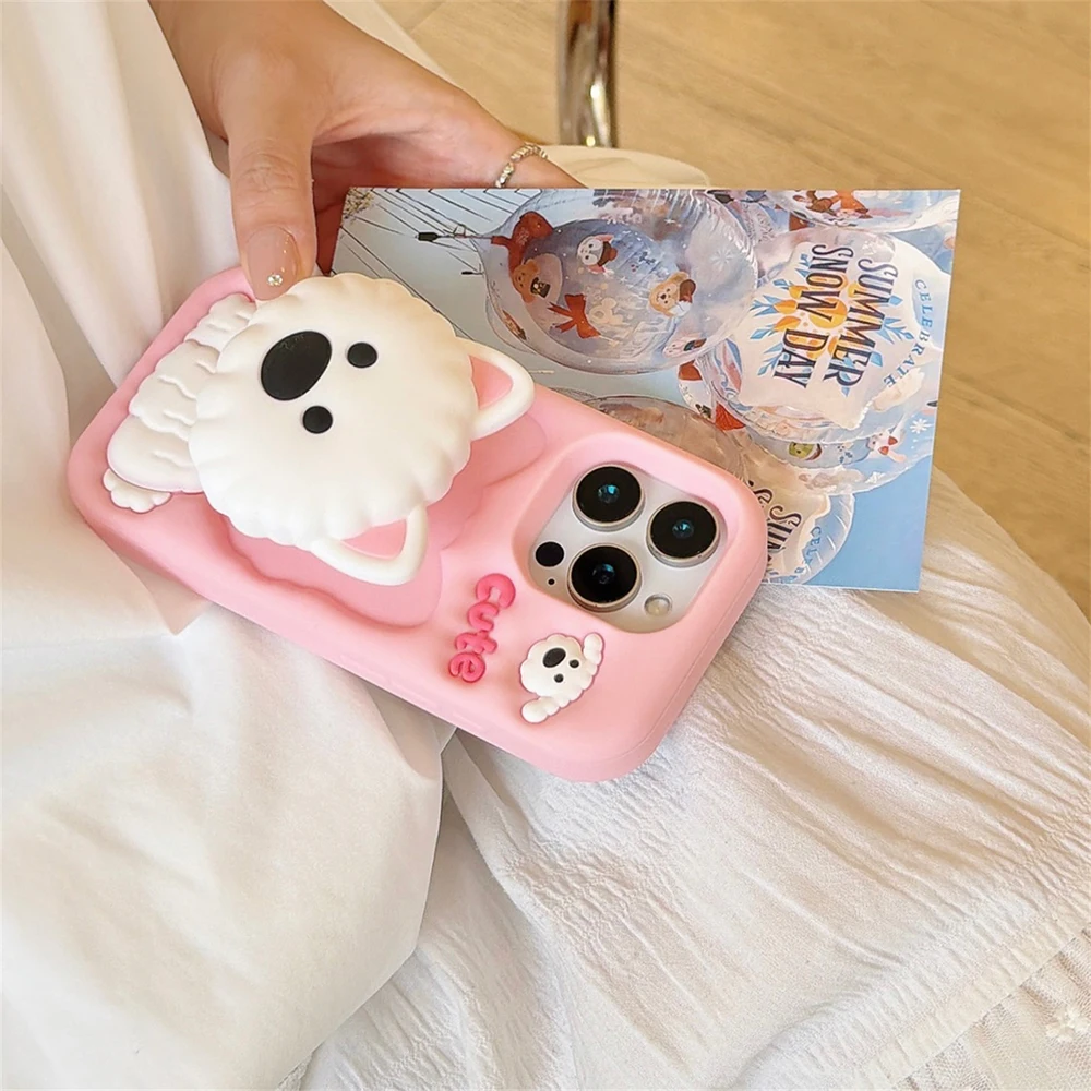 Niedliche 3D-Cartoon-Hund-Halterung Weiche Silikon-Handyhülle für iPhone 18 17 16 15 14 13 12 Pro Max Stoßfeste Standhalterung – Detail 1