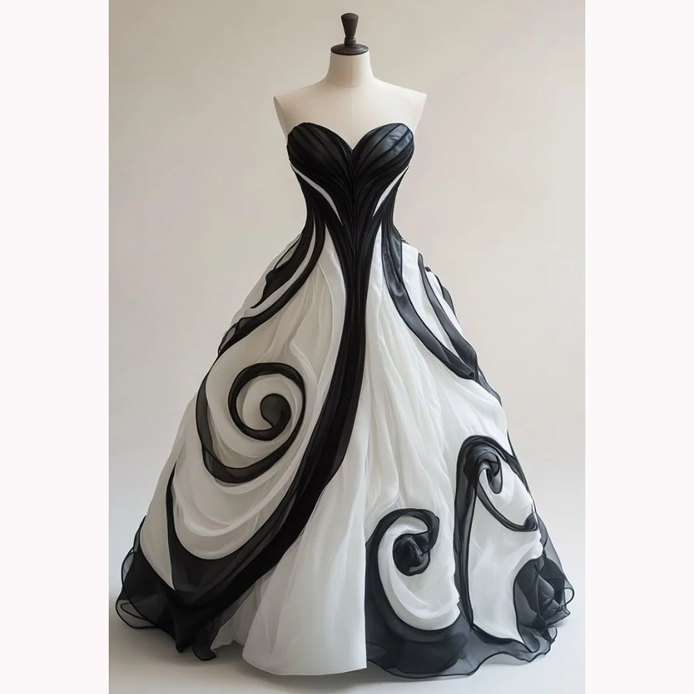 

Customized Women's Artistic Halloween Costume Dress Black & White Sweetheart Sleeveless Roll Pattern Gown for Evening Party
