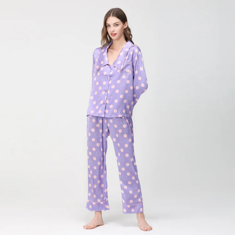 

Polka Dot Women Pajamas Set Autumn Long Sleeve Ice Silk 2 Pcs Set Fashion Loose Home Suit Satin Sleepwear Can Be Wear Outside