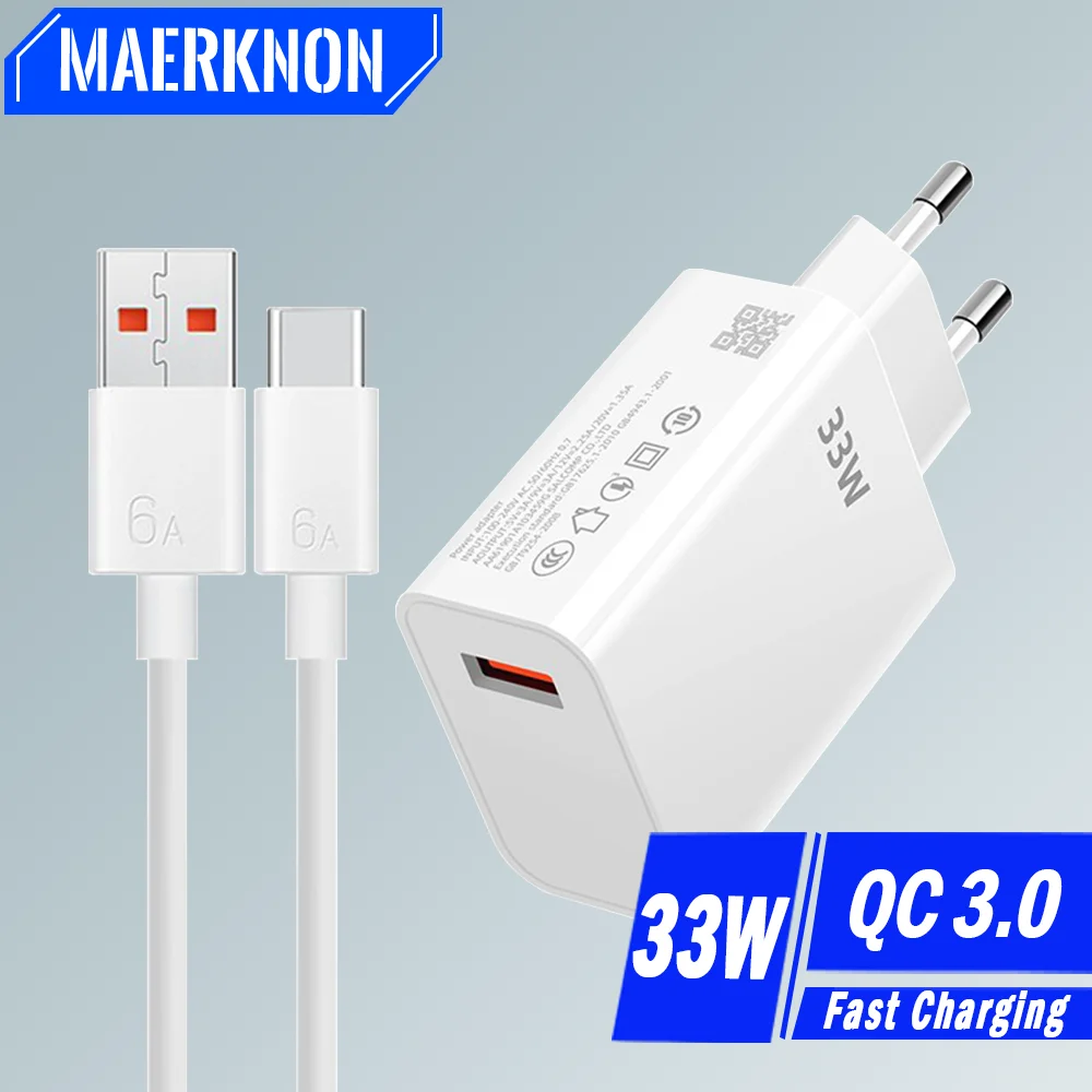 33W USB Fast Charger Mobile Phone Charger Adapter Fast Charging 6A USB Type C Cable For Samsung Xiaomi Huawei QC 3.0 Fast Charge