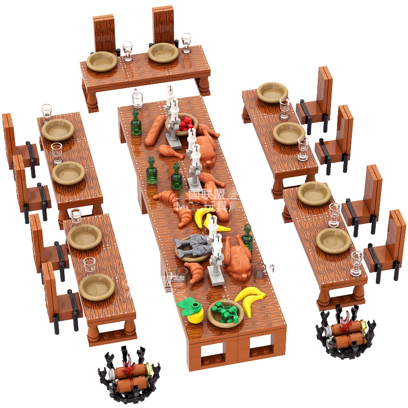 MOC City Restaurant Table Chair Bar Furniture Building block Medieval Figures Accessories Food Turkey Fruit Bricks Diy Toys