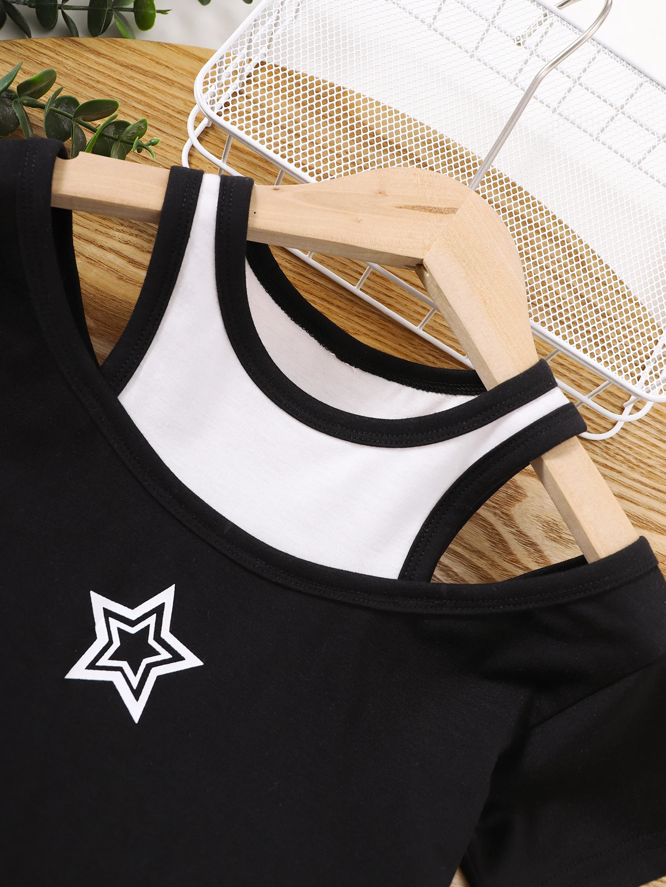 Summer  9-12  Years  Old  Cool  Girls  Short  Sleeved   2 Fake  Items  ，Suitable  For  Daily  Wear