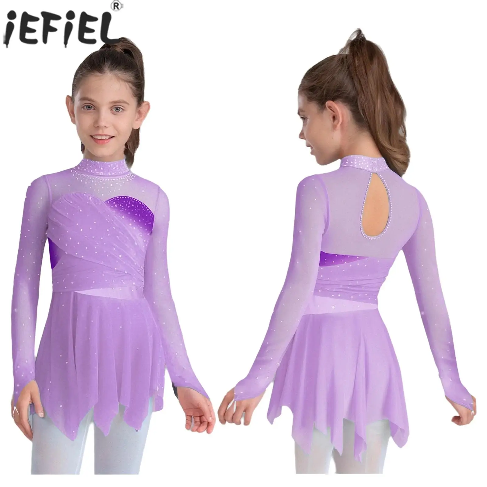 6-16Y Girls Figure Skating Lyrical Dance Ballet Gymnastics Acrobatics Leotard Dress Long Sleeve Rhinestones Sheer Mesh Dancewear