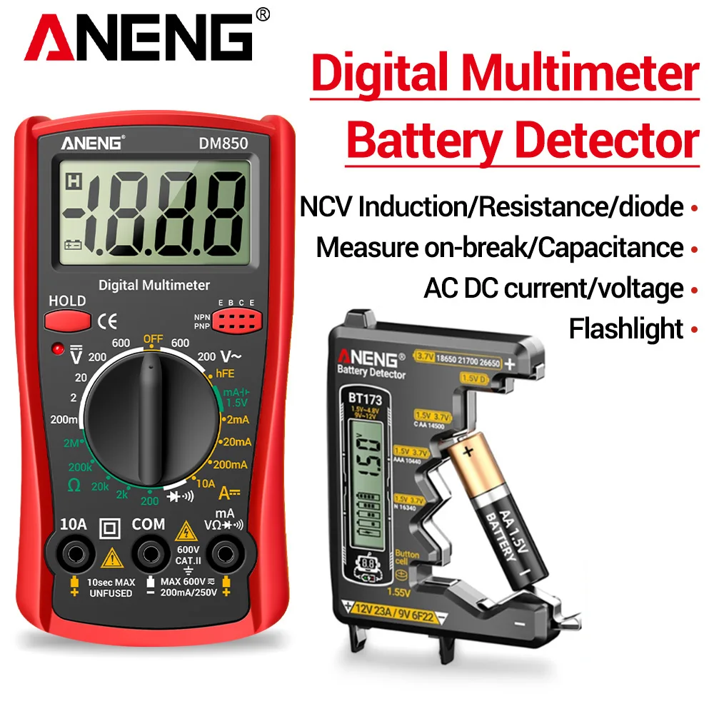 ANENG DM850 Digitalmultimeter mit 1999 Messwerten, Gratis Geschenk BT173 Batterietester, AC/DC-Spannung, Strom, Widerstand, Diodentest, tragbar