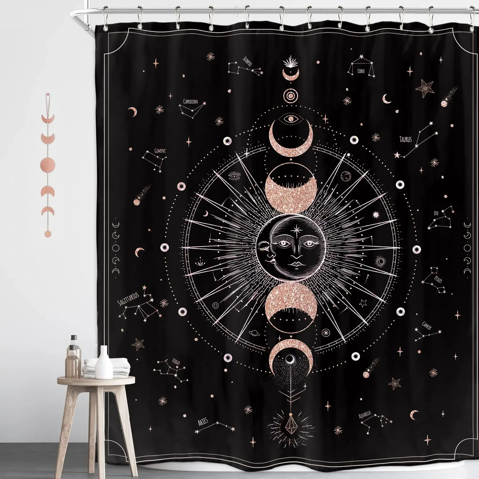 Sun and Moon Phase Stars Zodiac Constellation Shower Curtain Astrology Crescent Galaxy Gothic Celestial Mystery Tarot Bath Sets