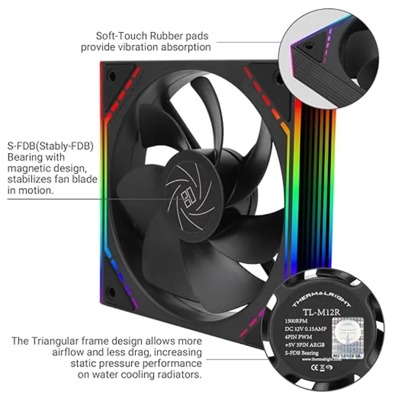 Thermalright TL-M12RW 1/3/5 PCS 120mm ARGB CPU 반전 케이스 팬, 1500RPM 속도 4핀 PWM S-FDB 베어링 쿨러 CPU 팬