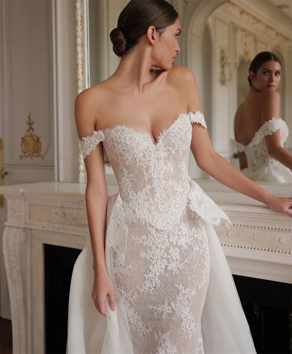 Customized Boho White Organza Wedding Dress Sexy Sweetheart Off the Shoulder Robe de mariée Soft Mermaid Court Train Bridal Gown