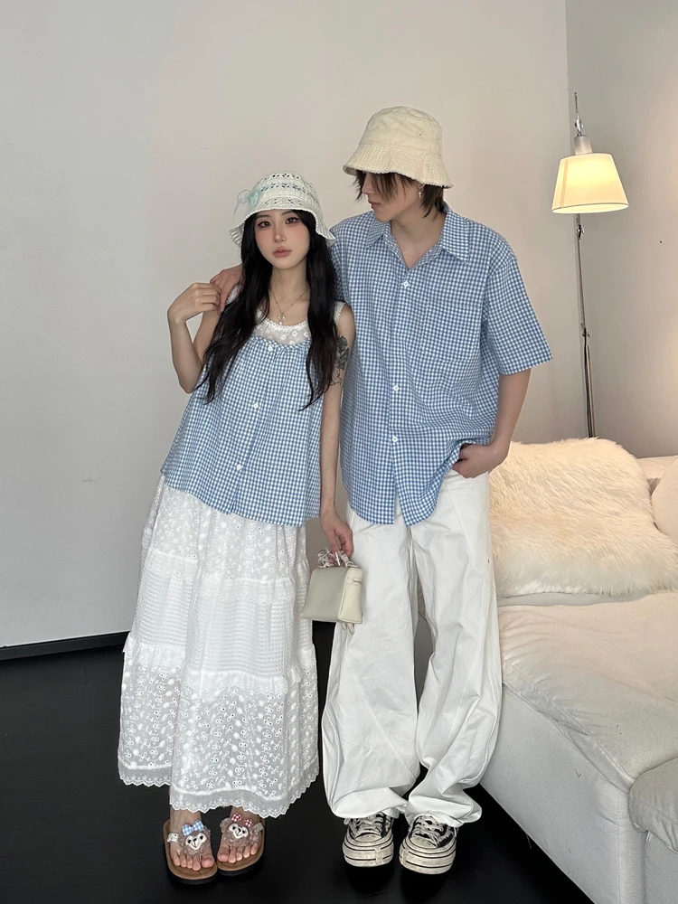 

Korean Style Couple Matching Summer Short Sleeve Plaid Shirt Loose Lazy Style Lace Half Skirt One Skirt One Shirt Casual Wear