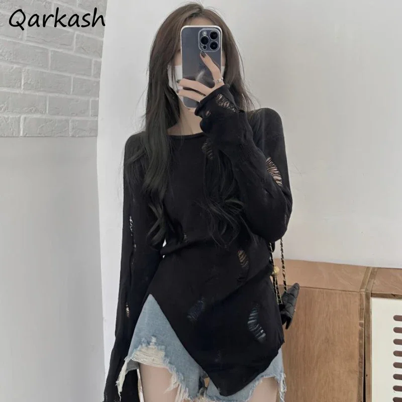 

Ripped Hole Sweater Pullovers for Women O-neck Korean Fashion Knitted Basic Tops Hotsweet Street Wear Chic Female Spring Autumn