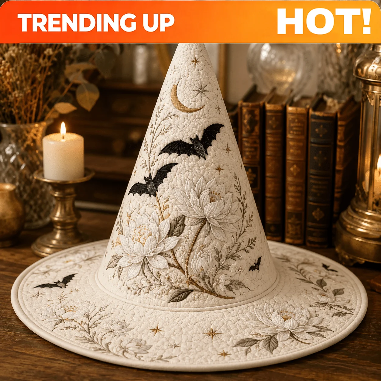 Customization Black Bats And Night-Blooming Cereus, Distinctive Witch Hat Shape, Quilted Fabric Texture, Versatile For Costume