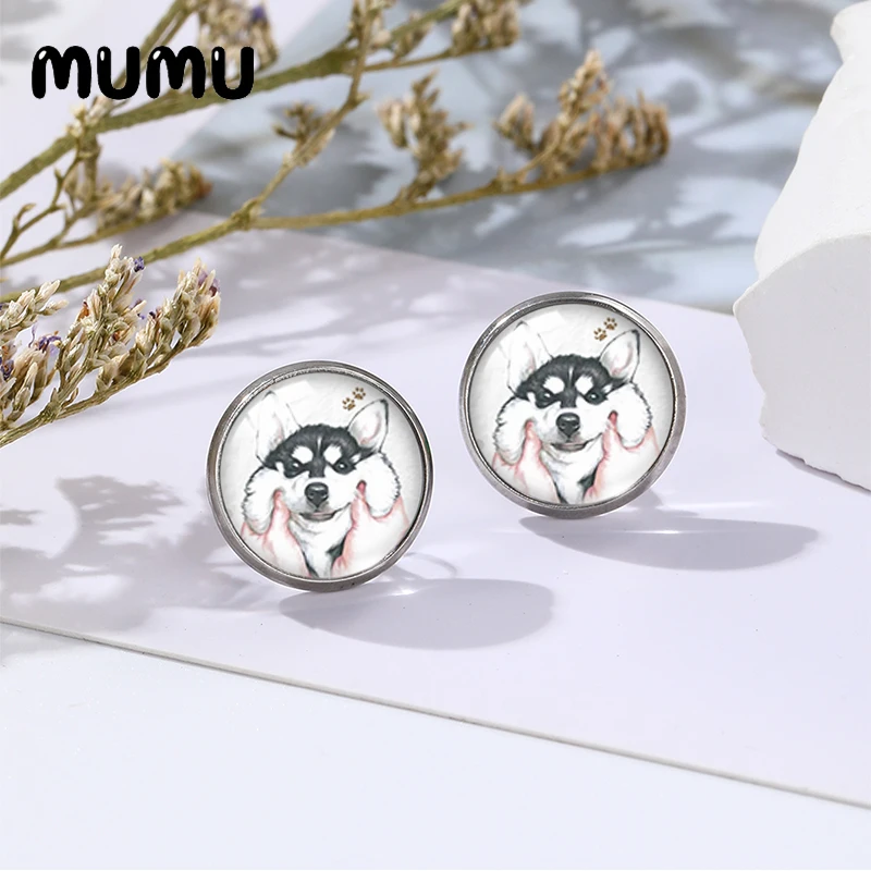 2023 New Husky Stud Earrings Black White Dog Glass Dome Cabochon Jewelry 12mm Round For Freinds