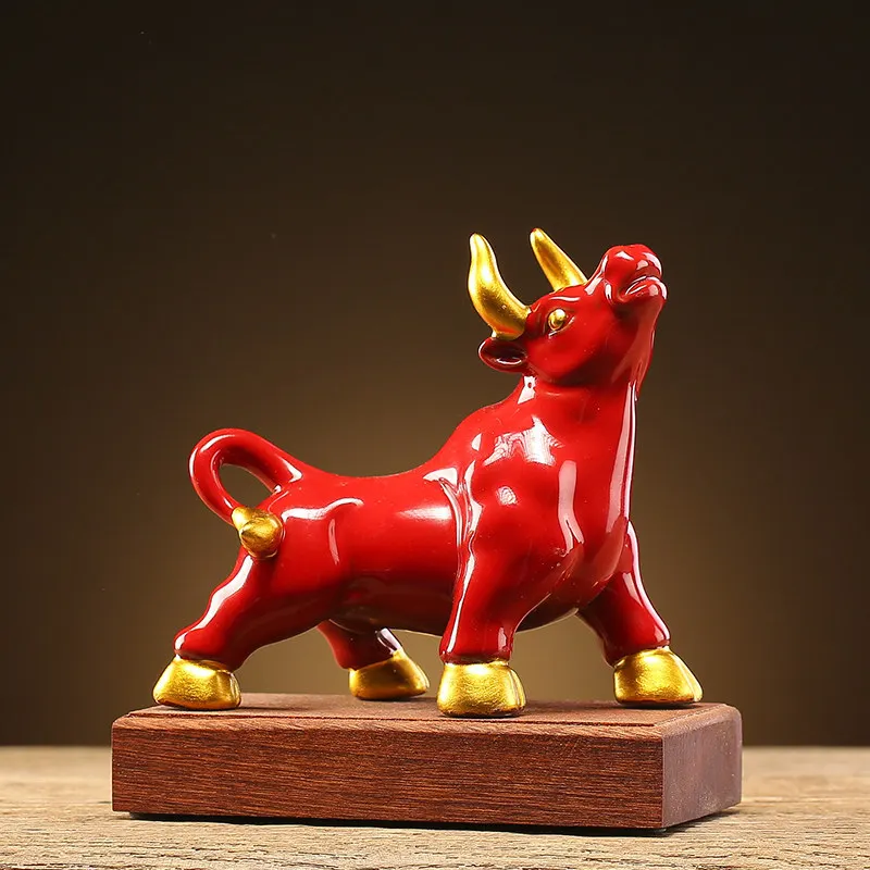 HYS creative desktop calf ornament ceramic zodiac red lucky Year of the Ox mascot bullish living room decoration