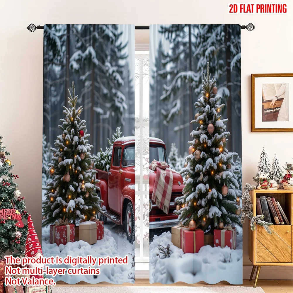 

2pcs 2D flat printing Merry Christmas Window Drapes Vintage Christmas Truck Forest Gifts Fabric Without Electricity Family Party
