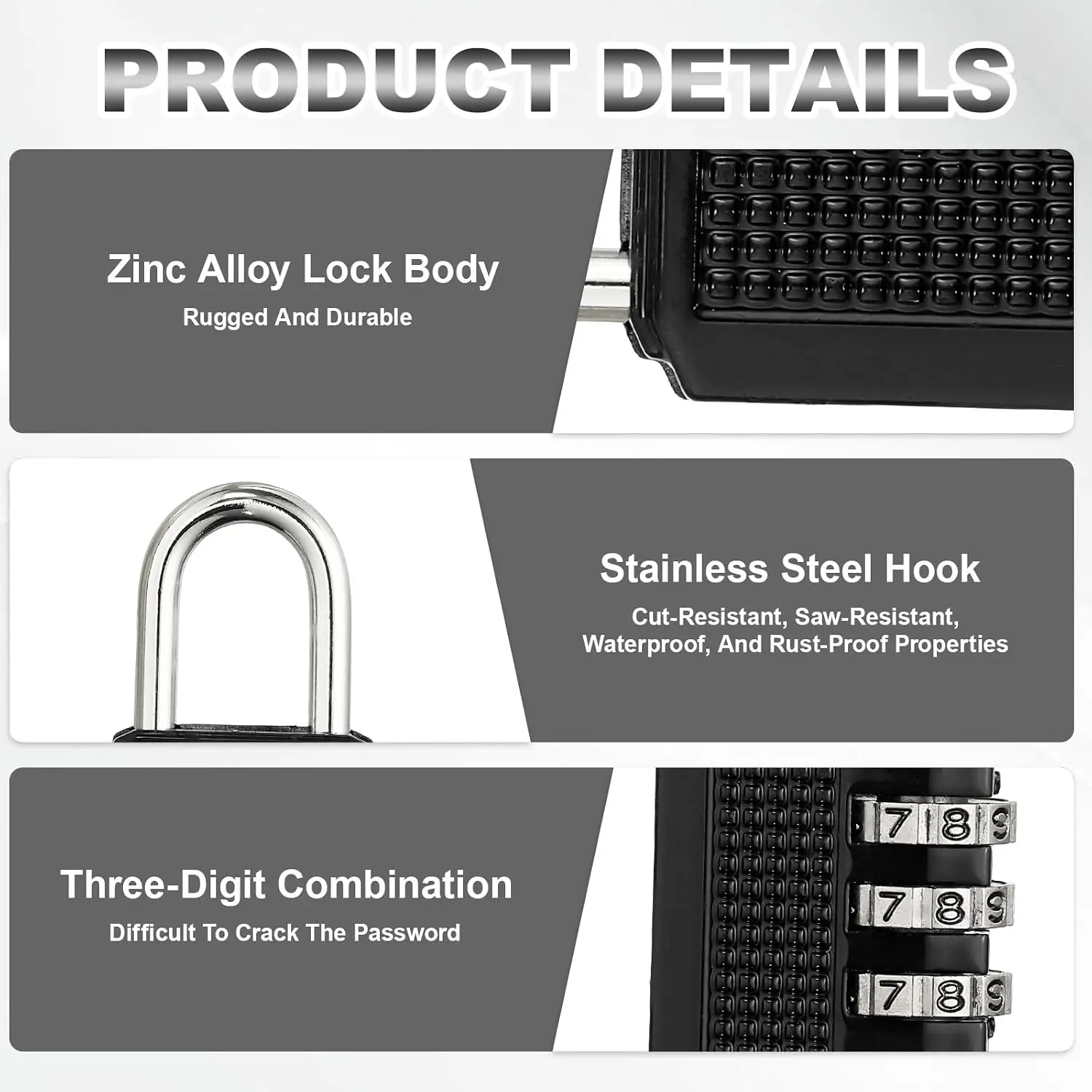 3 Digit Resettable Combination Padlock Luggage Case Padlock Box Black Lock Coded Lock School Gym Locker Sheds