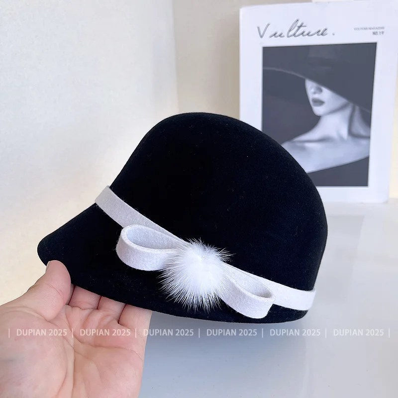 الموضة اليابانية الجديدة الانحناء الكريات الزخرفية الصوف الفروسية القبعات النساء الخريف الشتاء السيدات خمر قبعة فيدورا المجهزة قبعة قناع