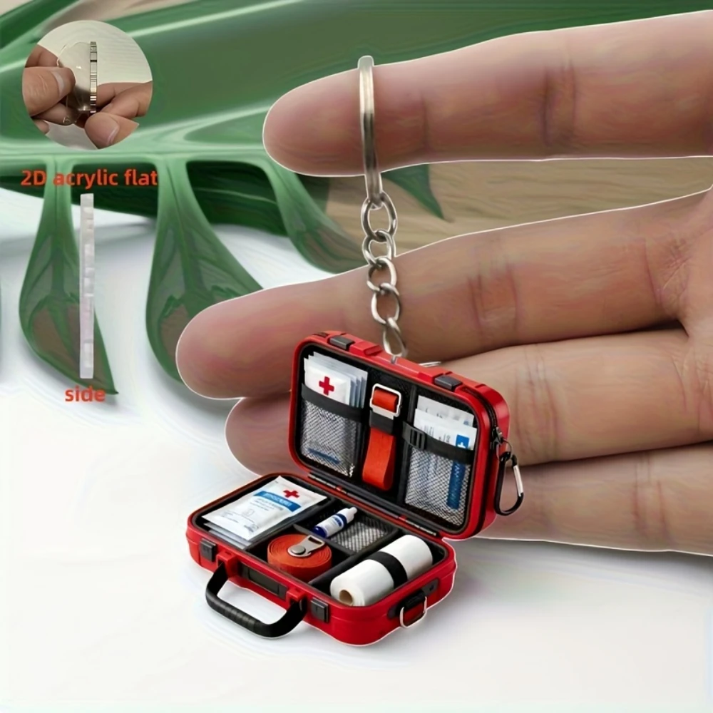 Llavero compacto del kit de emergencia: guía de Cpr acrílica plana cruzada roja 2D con parches adhesivos, regalo de primeros auxilios portátil sin herramientas