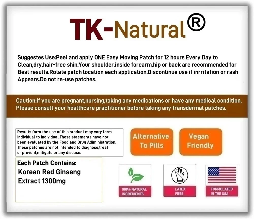 30 パッチ 韓国紅参経皮パッチ エネルギー、精神集中、免疫サポート用