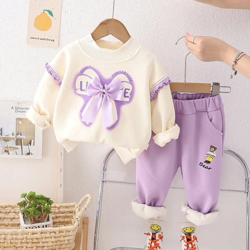 

Winter Baby Girl Clothes Kids Sets 203 Korean Style Big Bowknot Plush Velvet Long Sleeve Sweaters and Pants Childrens Clothing