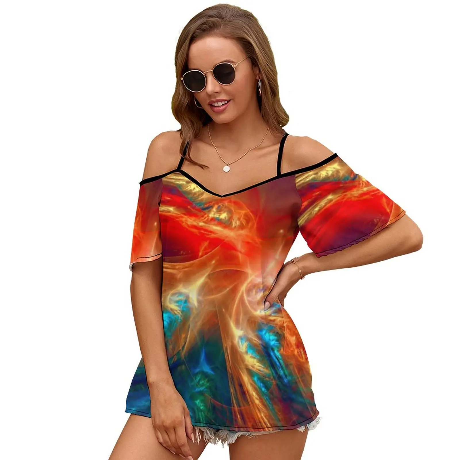 Colorful Women Short Sleeve Tops O-Neck Hollow Out Shoulder Strap Tees Streetwear Abstract Background Abstract Art Feather