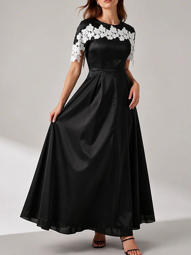 Women White Lace Cape Sleeve Satin Maxi Evening Dress Round Neck Contrast Color A‑Line Elegant Formal Wedding Guest Party Gown
