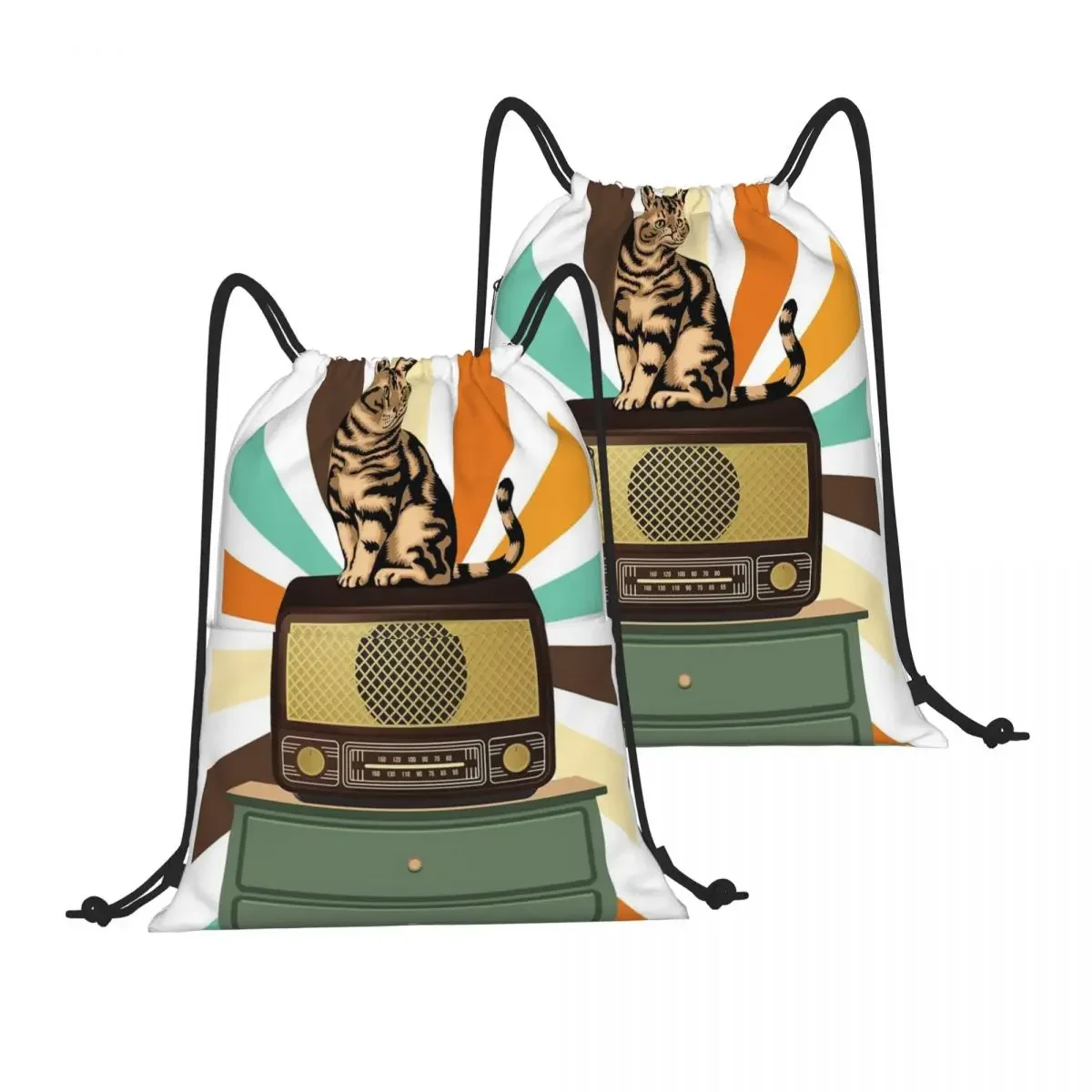 Drawstring Backpack Vintage Cat And Radio Retro Vibes Artwork Shoulder Bag Zipper Pocket Sports & Travel Hikes Portables Bag