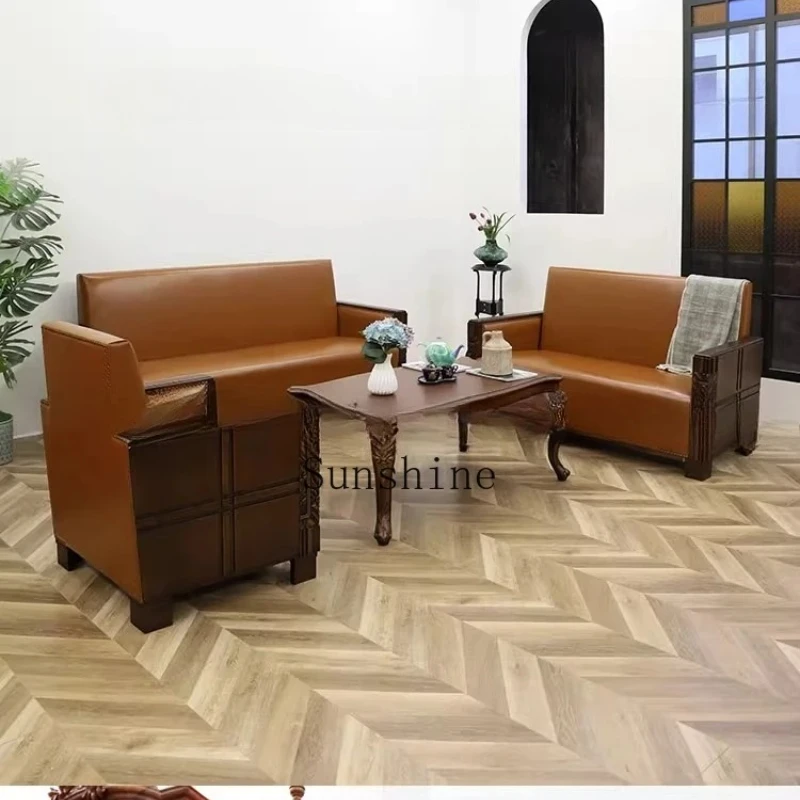 

Republic of China style living room combination leather sofa modern retro literary and simple