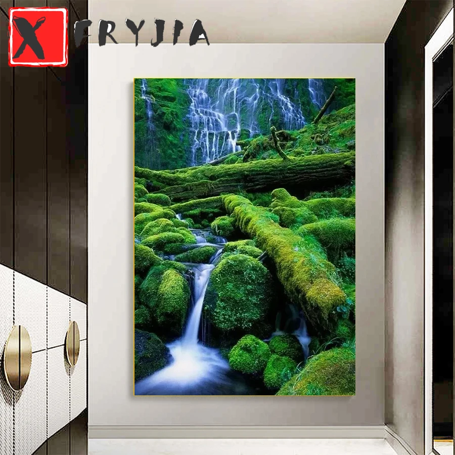 

full square round drill diamond painting Green natural scenery waterfall 5d diamond mazayka embroidery crystal icons wall decor