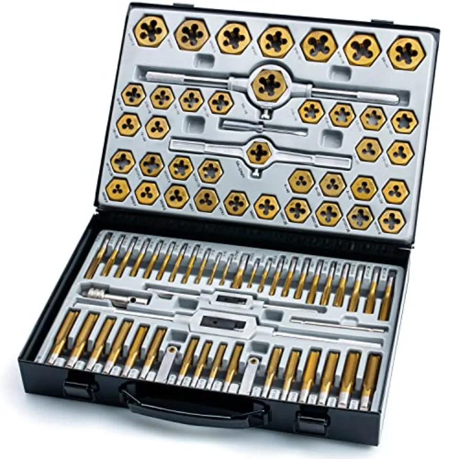

86-Piece Master Tap and Hex Die Set, Premium Titanium Coating SAE Size #4 to 5/8", Metric Size M3 to M16 For All Coarse, Fine,
