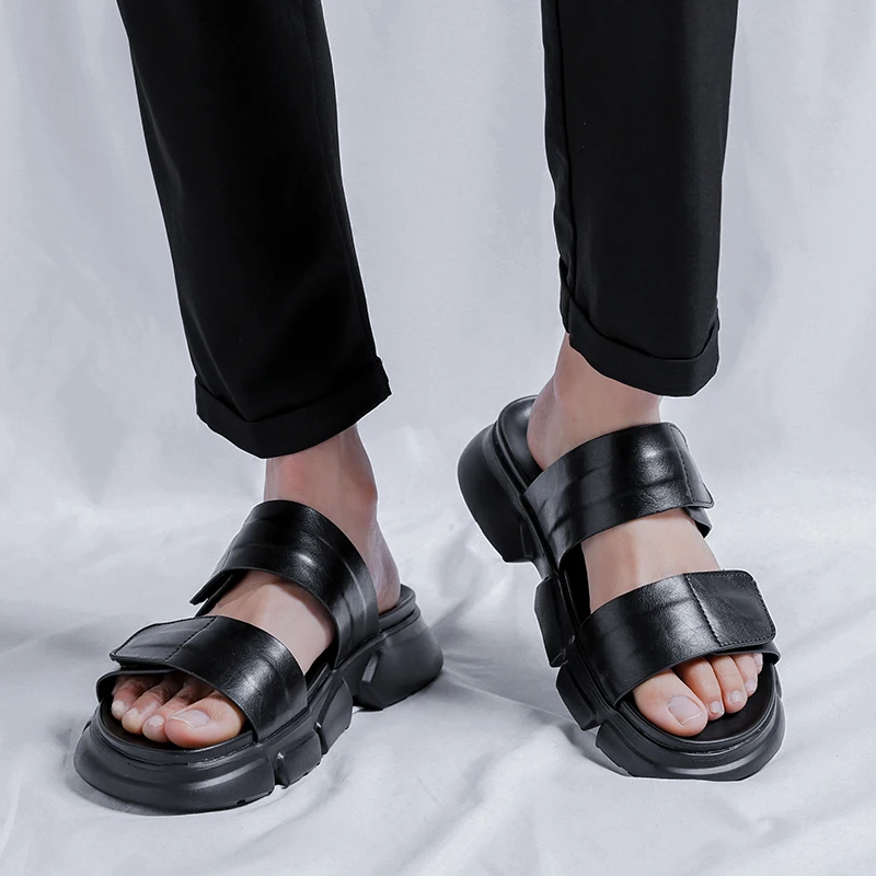 Men Black Leather Sandals with Thick Soles and No Tie Up Cuffs Trendy Comfortable Open-toe Outdoor Anti Slip Beach Shoes