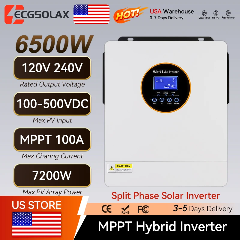 ECGSOLAX Split-Phase 7.2KW Solar Inverter 120V 240V Pure Sine Wave MPPT 48V Hybrid Solar Inverter 100A MPPT Off-Grid Inverter