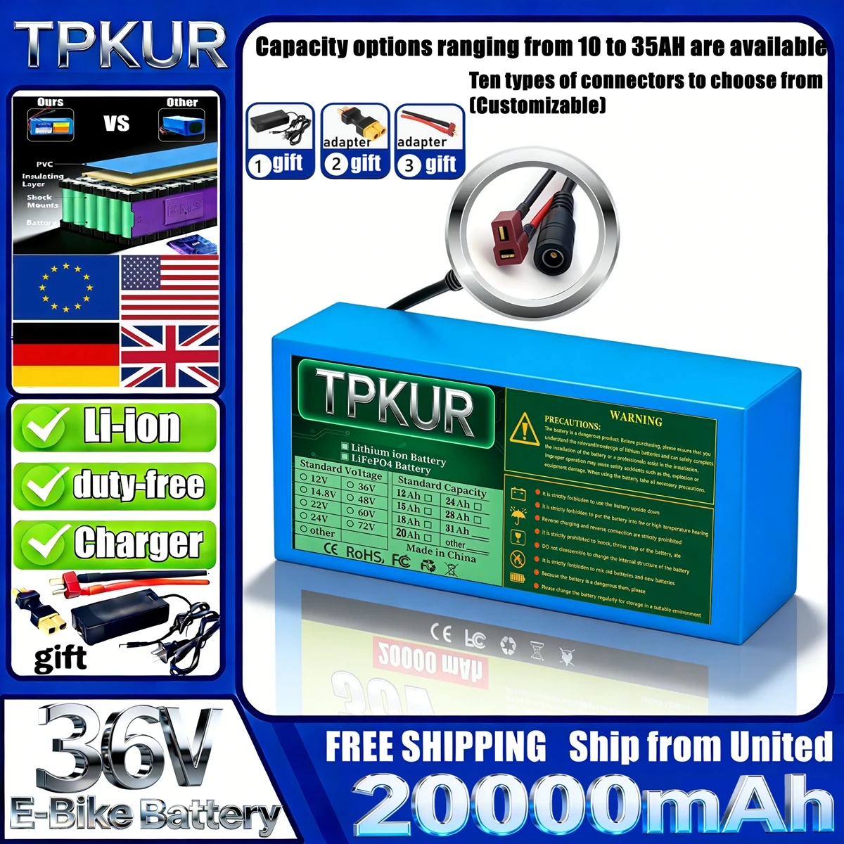 TPKUR High Capacity 18650 Lithium Battery Pack 36V 10S6P 15AH 20AH 25AH 35AH Built-in BMS For 200-1000W Electric Scooter