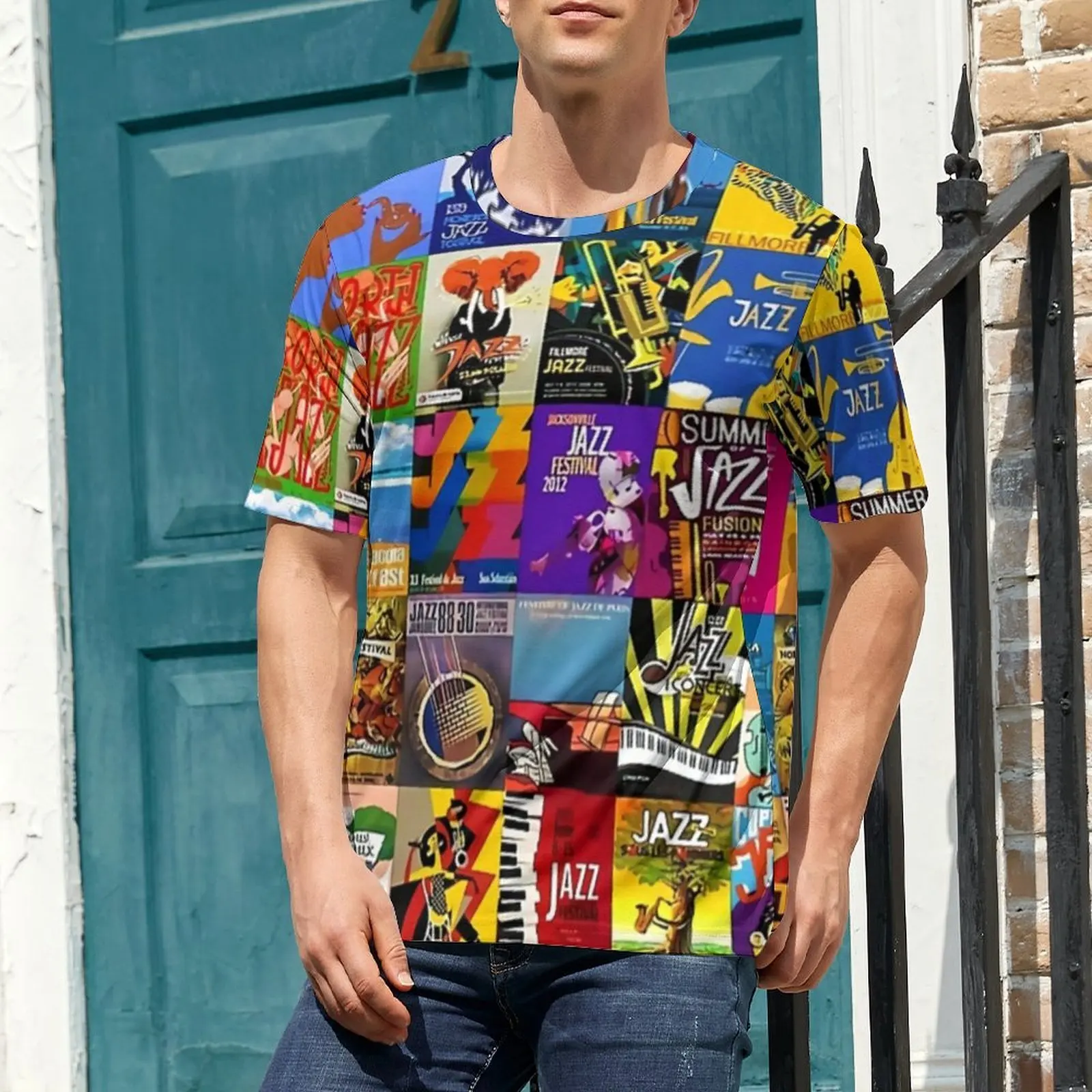 Collage of Jazz Festivals T Shirt Male Music Band Print Graphic O Neck T-Shirts Beach Novelty Clothes Short Sleeve Big Size Tees