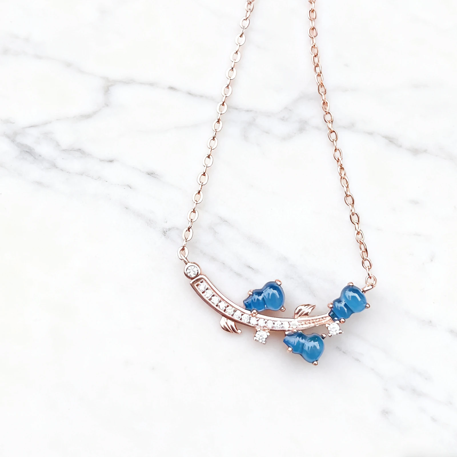 Romantic Leaf Design Pendant Necklace Rose Gold Plated with Blue Amber and Zircon Gift for Her Valentine Love Jewelry